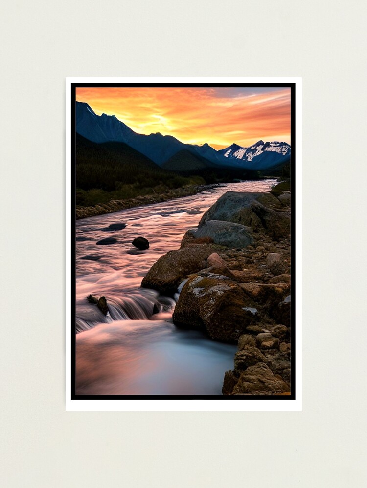 Photographic Print, River and waterfall at Sunset designed and sold by Peter Barrett