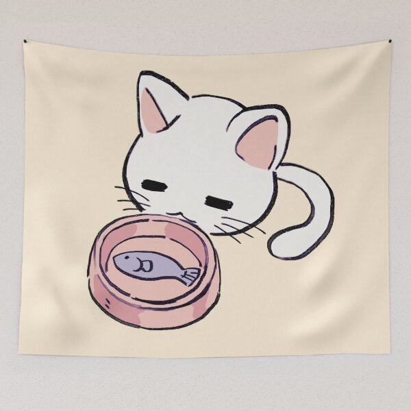 Item preview, I draw lucky star white cat eating fish designed and sold by RansRoom.