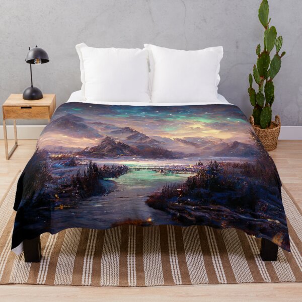 Item preview, Magical Christmas Skyrim Aurora Clouds - Christmas village Landscape Painting | Purple Misty Magic designed and sold by Million-Clouds.