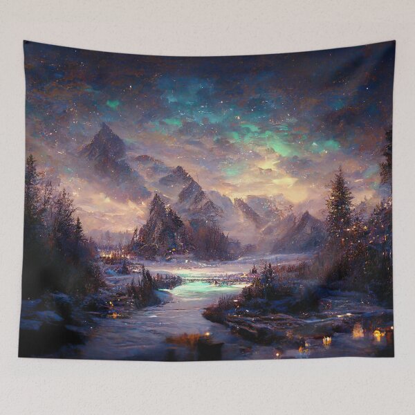 Item preview,  Magical Christmas Skyrim Aurora Clouds - Christmas village Landscape Painting | Purple Misty Magic designed and sold by Million-Clouds.