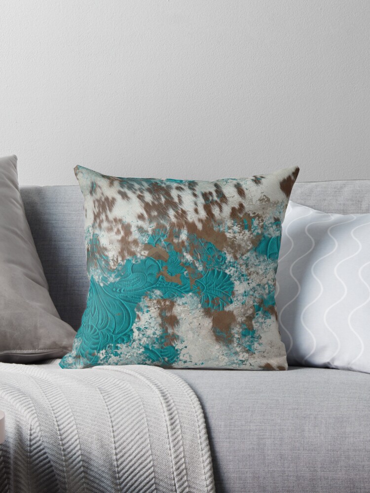 Turquoise, Cowhide, Tooled Leather With Cow Skull - Southwestern Style |  Throw Pillow