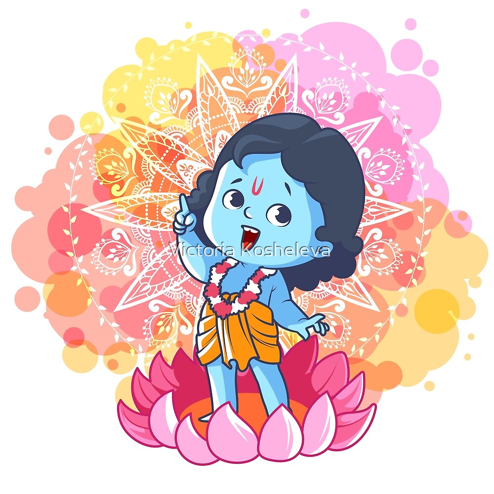 "Happy little Krishna on the lotus. Cute cartoon Krishna." by Victoria