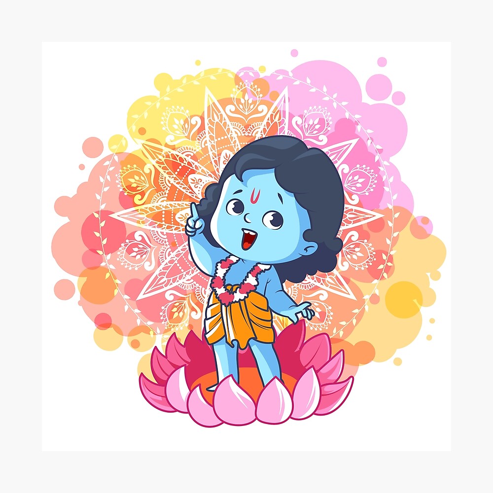 Happy little Krishna on the lotus. Cute cartoon Krishna.