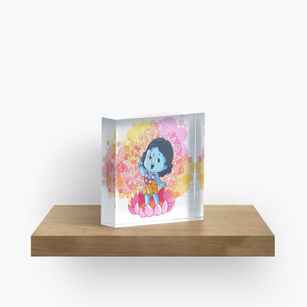 Happy little Krishna on the lotus. Cute cartoon Krishna. Acrylic Block