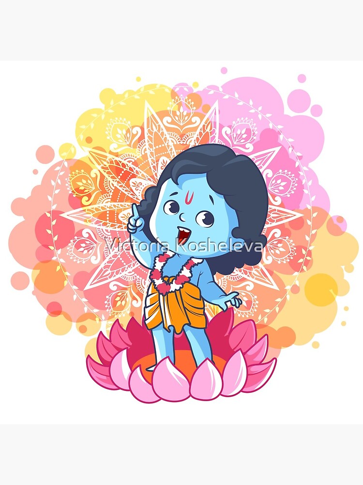 Happy little Krishna on the lotus. Cute cartoon Krishna. by yaaavi