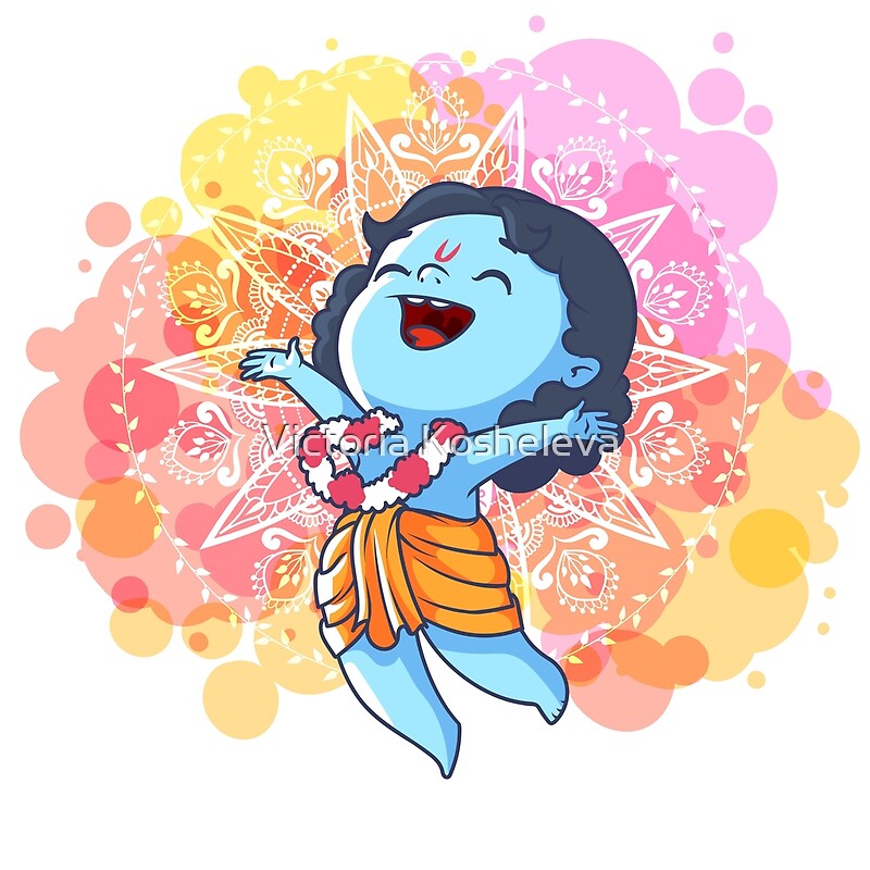 "Very happy little Krishna is jumping. Cute cartoon Krishna." by