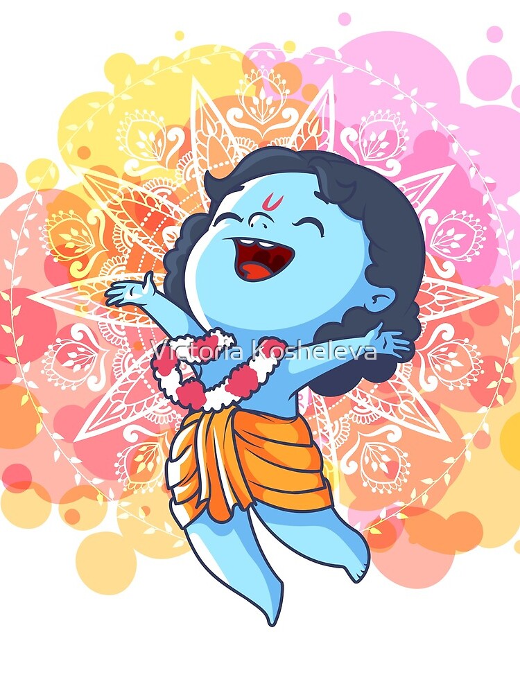 "Very happy little Krishna is jumping. Cute cartoon Krishna