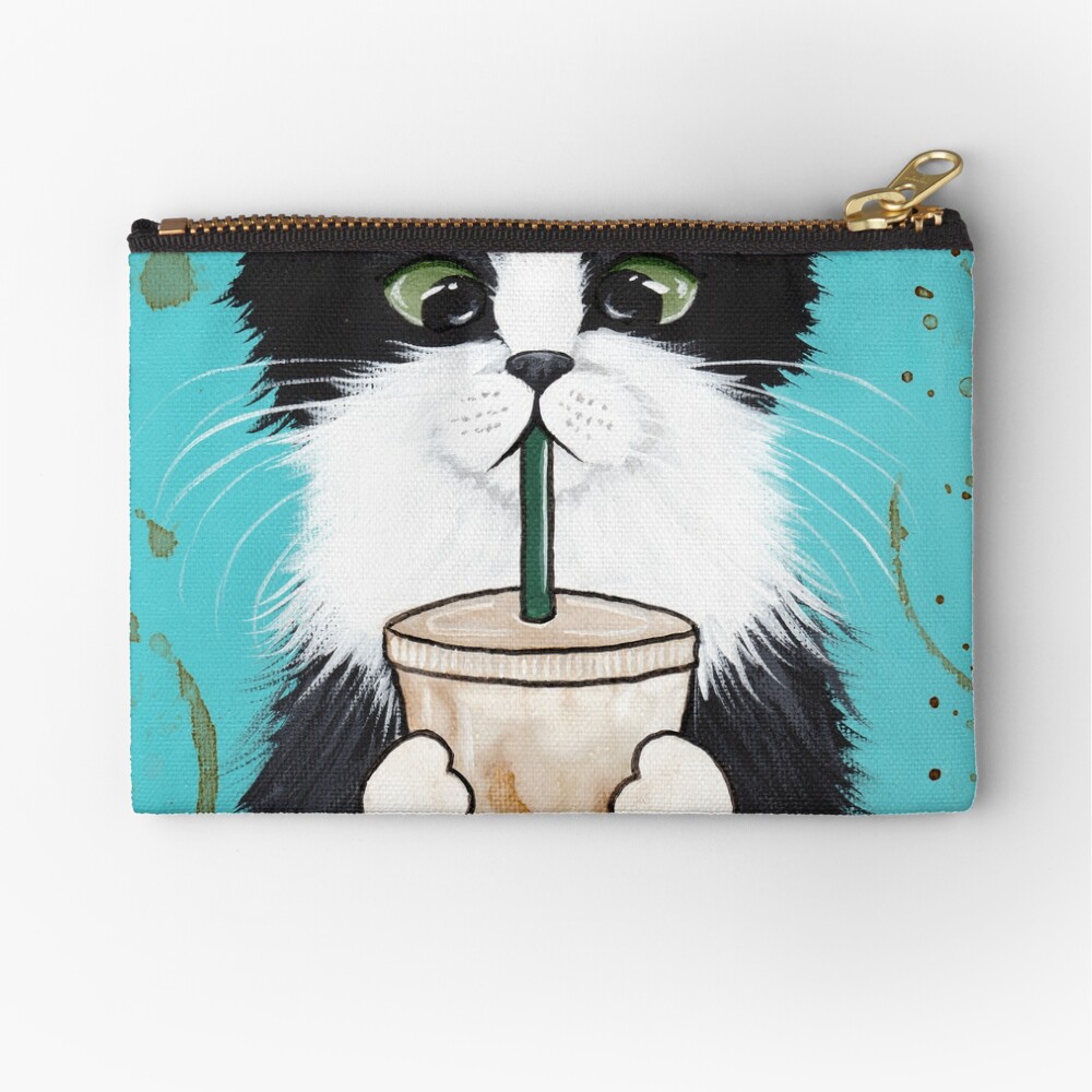 Tuxedo Cat with Iced Coffee Zipper Pouch