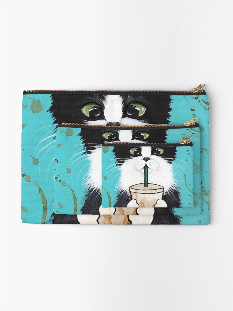 Alternate view of Tuxedo Cat with Iced Coffee Zipper Pouch