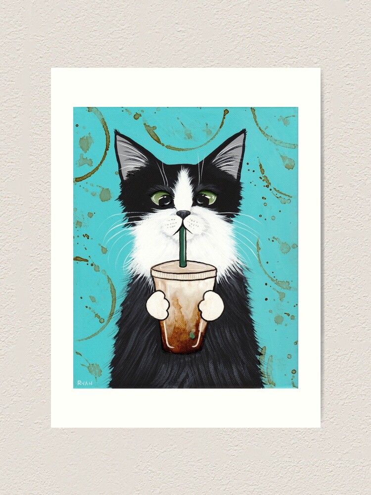 Alternate view of Tuxedo Cat with Iced Coffee Art Print