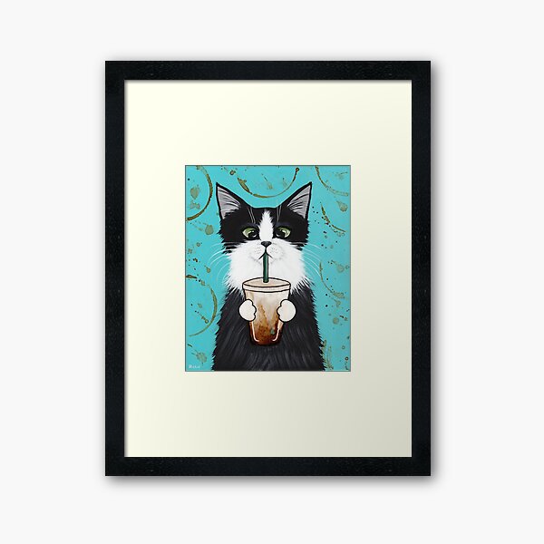 Tuxedo Cat with Iced Coffee Framed Art Print