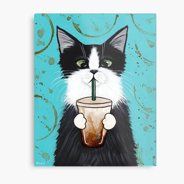 Tuxedo Cat with Iced Coffee Metal Print