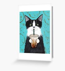 Tuxedo Cat with Iced Coffee Greeting Card