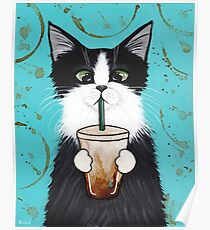Tuxedo Cat with Iced Coffee Poster