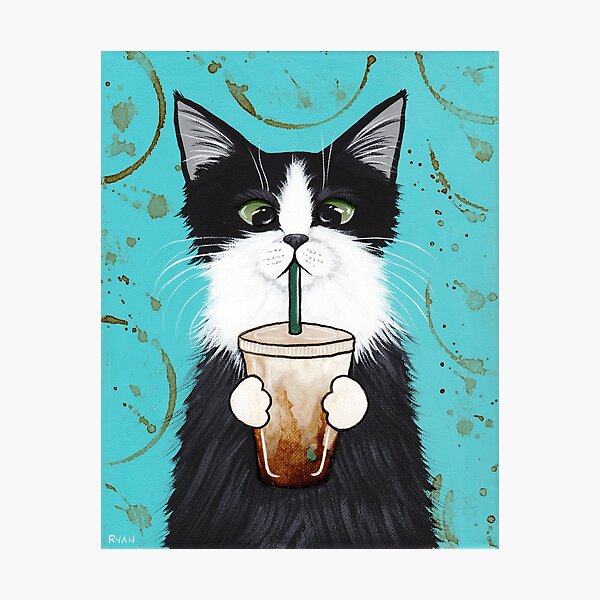 Tuxedo Cat with Iced Coffee Photographic Print