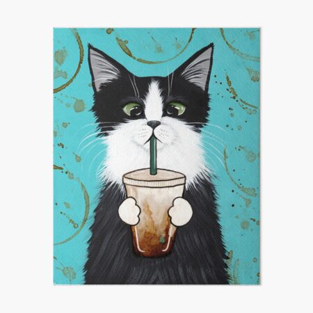 Tuxedo Cat with Iced Coffee Art Board Print