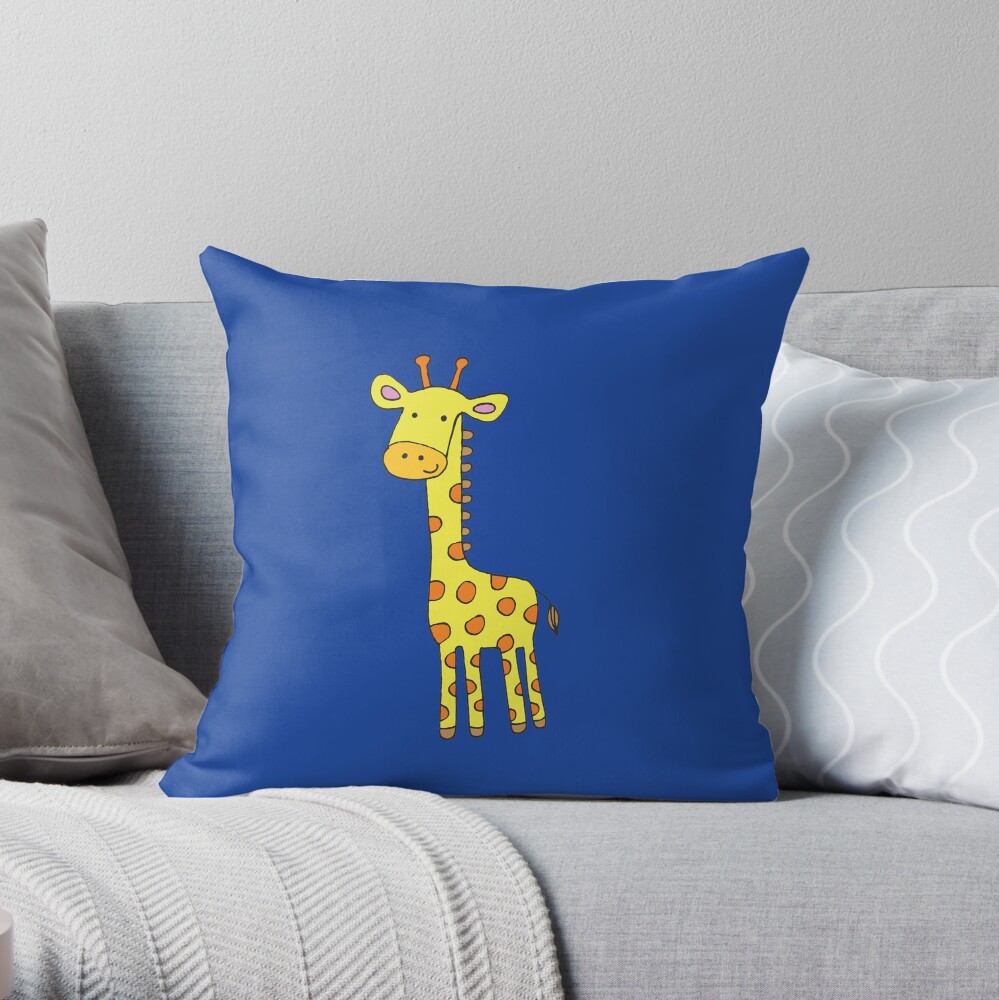 Happy Giraffe - cute cartoon yellow on blue - Cute Giraffe by Cecca Designs Throw Pillow