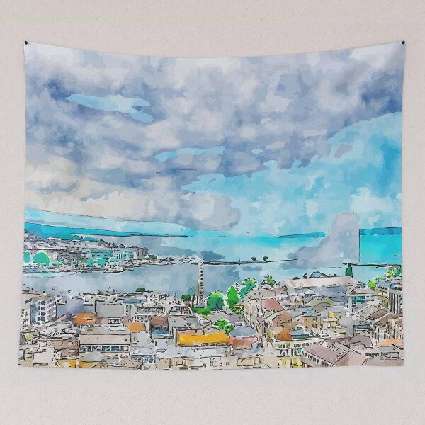 Item preview, Geneva from Cathedral Saint Pierre Switzerland Watercolor Illustration designed and sold by KawaiiTops.