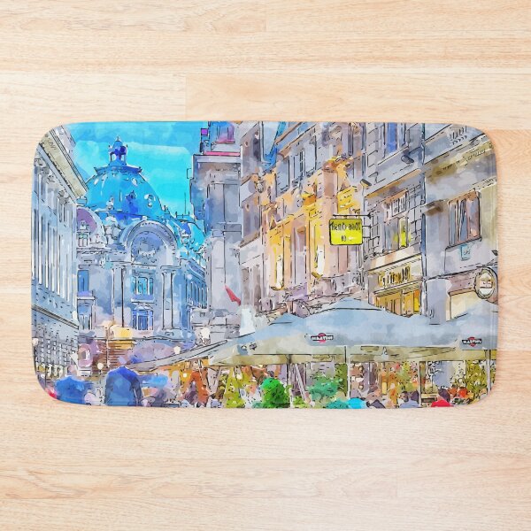 Item preview, Old Town Bucharest Romania Nightlife Watercolor Illustration designed and sold by KawaiiTops.