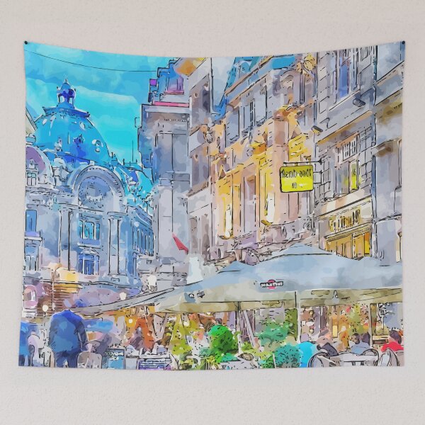Item preview, Old Town Bucharest Romania Nightlife Watercolor Illustration designed and sold by KawaiiTops.