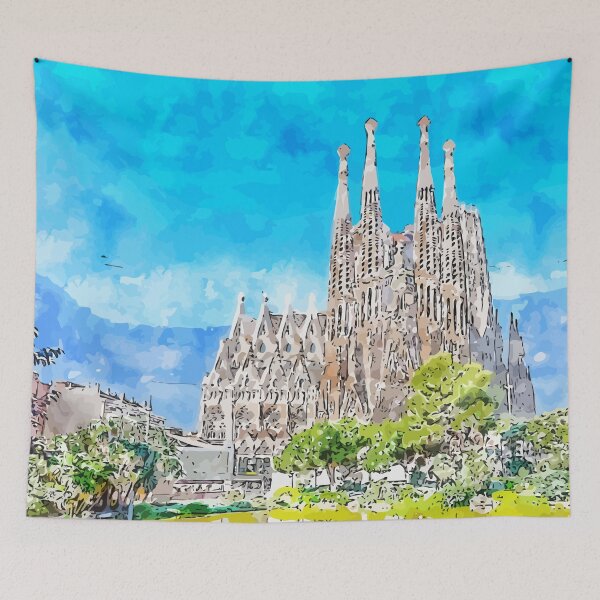 Item preview, Sagrada Familia Cathedral in Barcelona Spain Watercolor Illustration designed and sold by KawaiiTops.