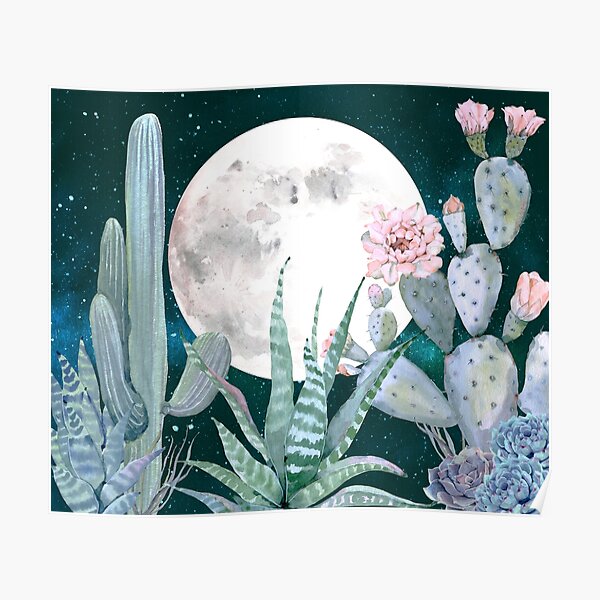 Cactus Nights Pretty Pink and Blue Desert Stars Cacti Illustration Poster