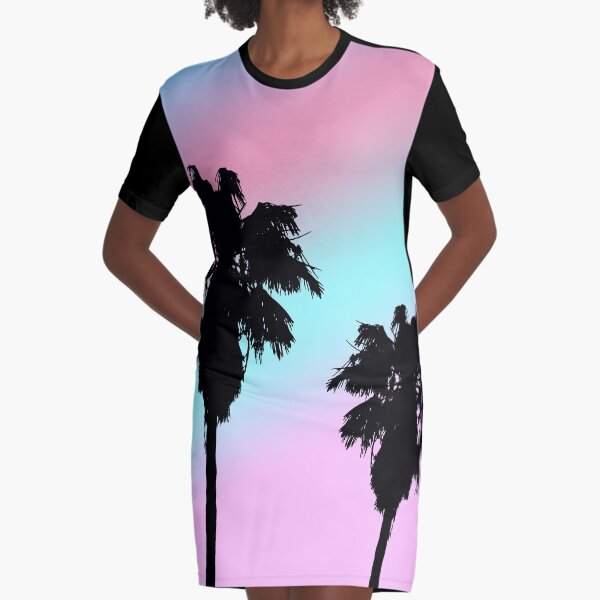 Pastel Sunset Palm Trees Graphic T-Shirt Dress