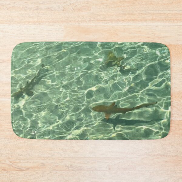 Crystal Aqua Blue Clear Ocean Water With Little Sharks Bath Mat