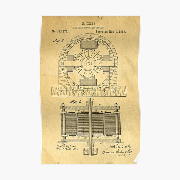 TESLA POSTER Electric Motor 1888 Patent Poster