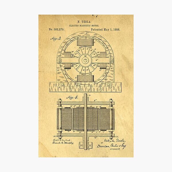 TESLA POSTER Electric Motor 1888 Patent Photographic Print