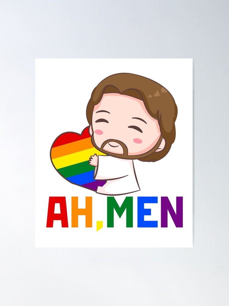 Ah Men Jesus Hugging LGBTQ Gay Pride Rainbow Heart Flag Poster for Sale by  jazminanett