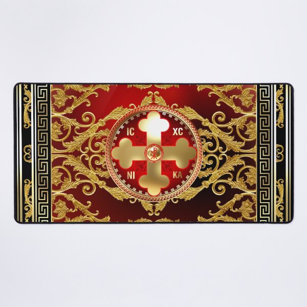 Item preview, Greek Orthodox Cross Baroque Red Gold Black Greek Keys designed and sold by Yiorgos Designs.