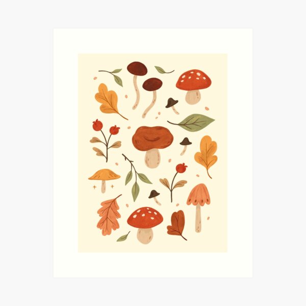 Mushrooms and Leaves Art Print