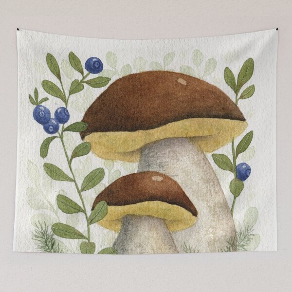 Item preview, Forest Mushrooms among Blue Berries and Moss Watercolor Painting designed and sold by AlicjaCurioseur.