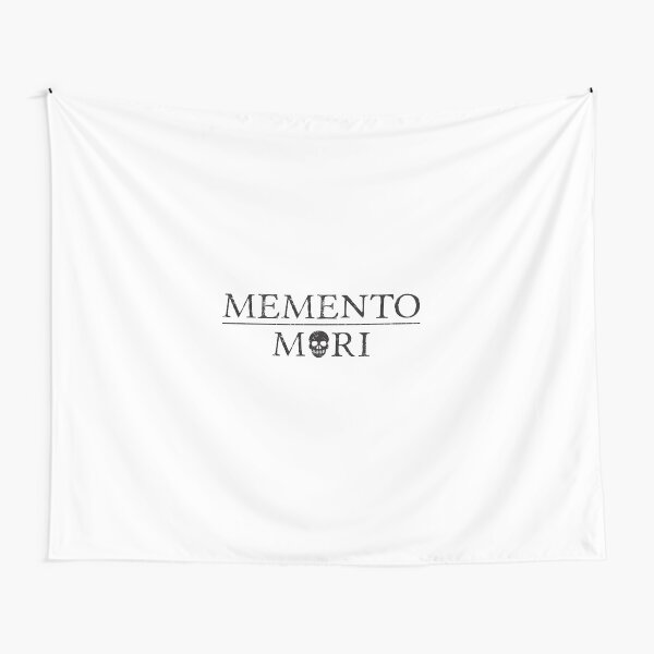 Latin Inspirational Phrase: Memento Mori (black text) with skull Tapestry