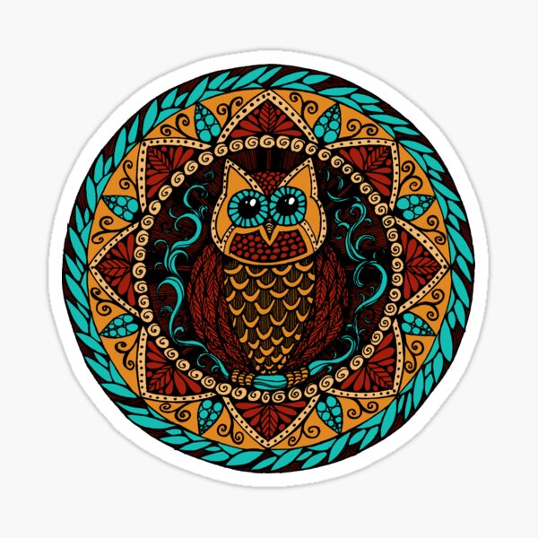 Owl Magic Mandala Turquoise Red and Gold Sticker