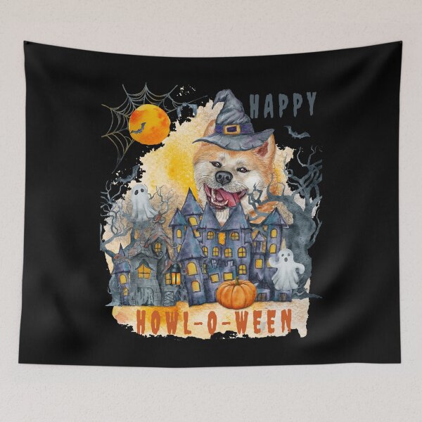 Item preview, Akita Inu Happy Howl-o-ween Ghost Houses Funny Watercolor  designed and sold by Cuddlythopia.
