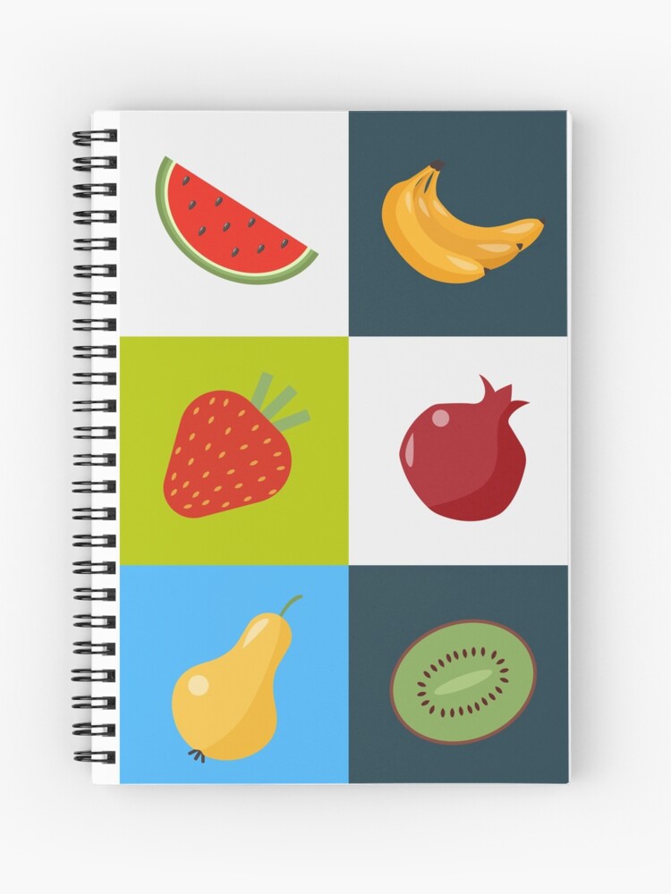 Cuaderno de espiral «Conjunto de frutas. Comida sana. Comida vegetariana.  Estilo de vida saludable. Diferentes frutas. Sandía, plátanos, naranja,  fresa, granada, pera, kiwi, cereza. Conjunto de iconos» de ivector |  Redbubble