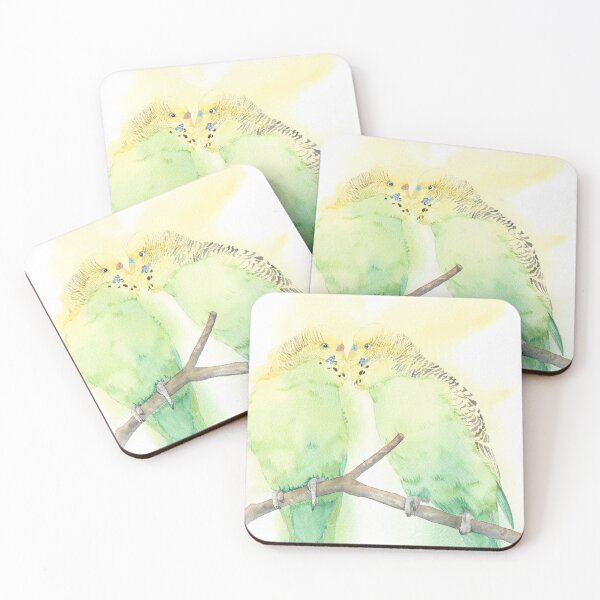 Item preview, Budgies couple kiss watercolor portrait designed and sold by L'Atelier Oranjade.