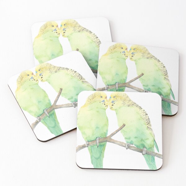 Item preview, Budgies couple kiss watercolor portrait v2 designed and sold by L'Atelier Oranjade.