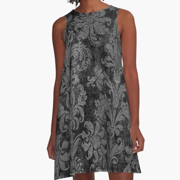 Black and Grey Damask A-Line Dress