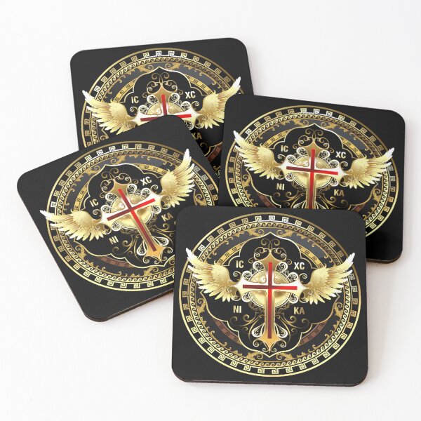 Item preview, Angel Wings Ornate Cross Gold Black Red ICXC NIKA designed and sold by Yiorgos Designs.