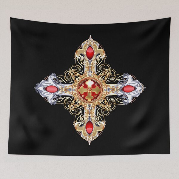 Item preview, Greek Orthodox Cross Red Gold Black Fancy ICXC NIKA designed and sold by Yiorgos Designs.