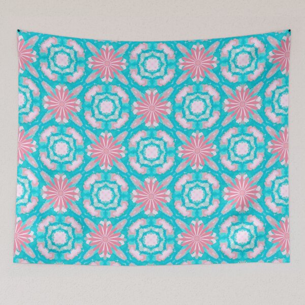 Item preview, Repeating Tile pattern using pink daisies on a background of tie dye squares designed and sold by Wonder & Whimsy.