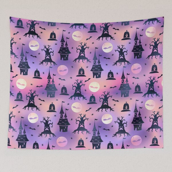 Item preview, Halloween Ghost And Creepy Trees Cemetery Scene Castle And Bats Pattern  designed and sold by UniQueensShop.