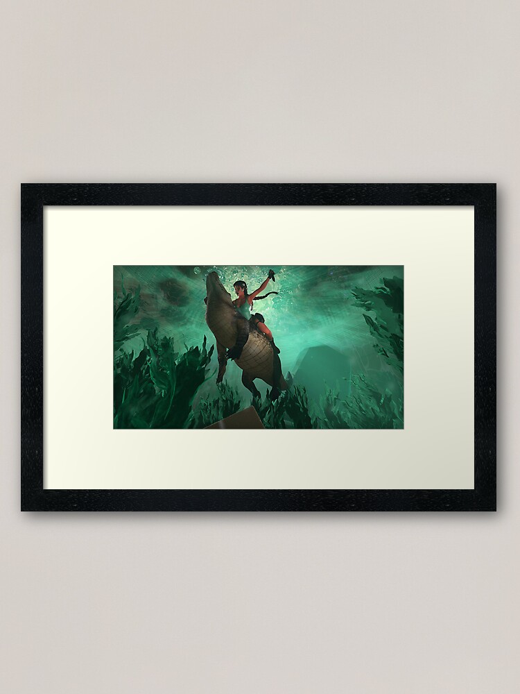 Alternate view of Lara Croft fighting a crocodile Framed Art Print