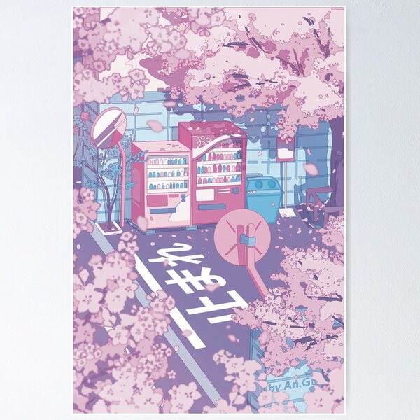 A beautiful aesthetic Tokyo street and  the pink sakura tree blossom (pastel version) Poster