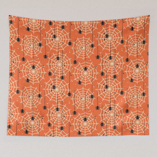 Item preview, Halloween spider and spider web on orange background designed and sold by BraveNewDesigns.