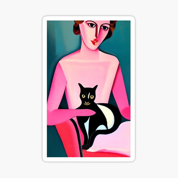 Pink lady with black cat Sticker