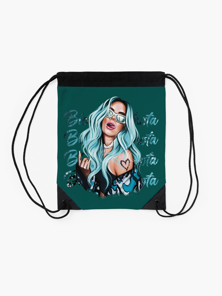 Karol G with Blue Hair Illustration with Bichota Words on the background   Drawstring Bag